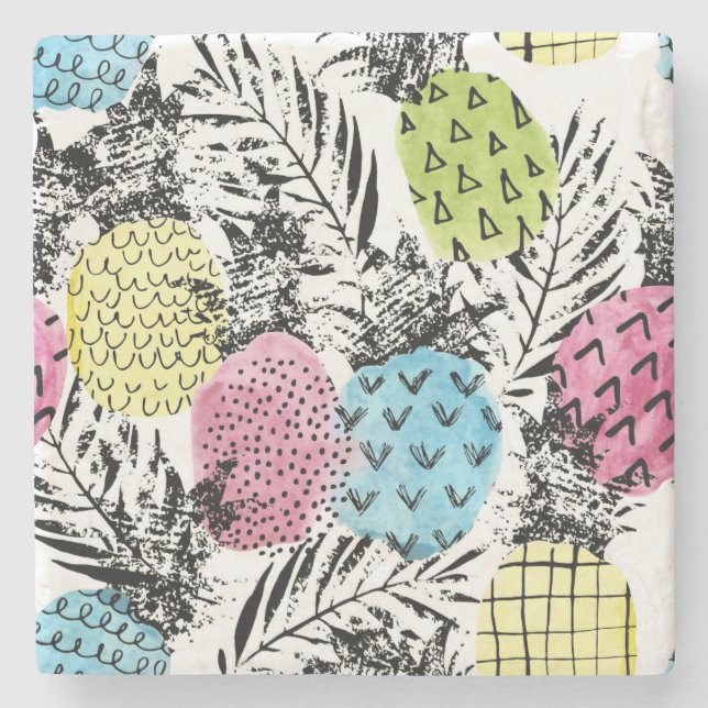 Pineapple Grunge Palms Stone Coaster (Front)