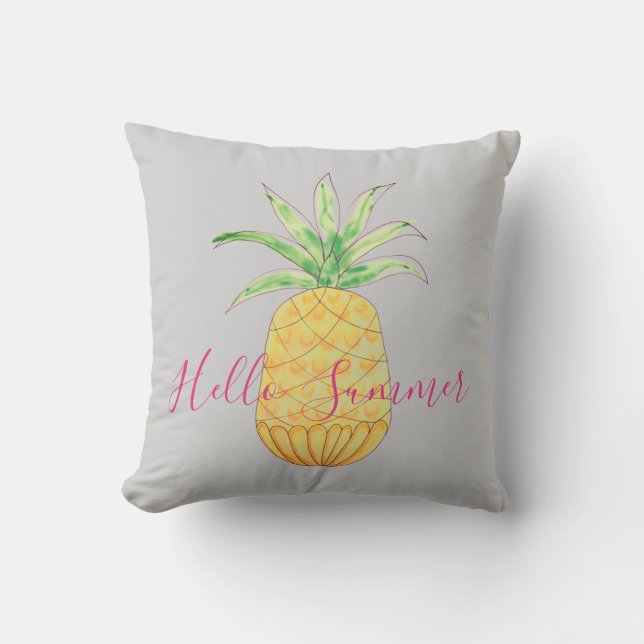 Pineapple Hello Summer Grey Yellow Watercolor  Outdoor Pillow (Front)