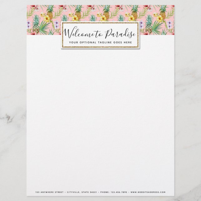 Pineapple & Hibiscus Flowers Watercolor Tropical Letterhead (Front)