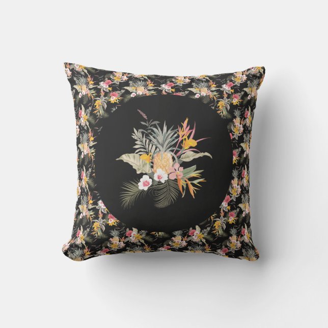 Pineapple Hibiscus Tropical Black Outdoor Pillow (Front)