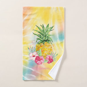  Pineapple,Hibiscus Watercolor Rainbow Tie Dye    Bath Towel Set
