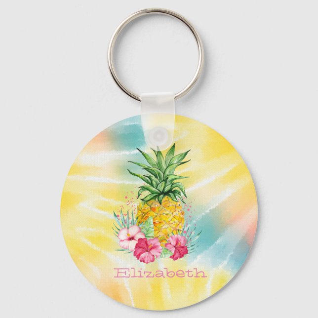  Pineapple,Hibiscus Watercolor Rainbow Tie Dye  Keychain (Front)