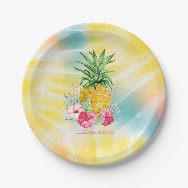  Pineapple,Hibiscus Watercolor Rainbow Tie Dye  Paper Plate (Front)