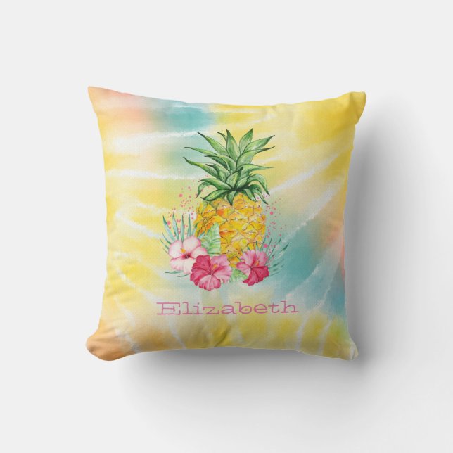  Pineapple,Hibiscus Watercolor Rainbow Tie Dye   Throw Pillow (Front)