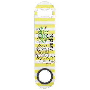 Pineapple Illustration Yellow Stripes Summer Bar Key