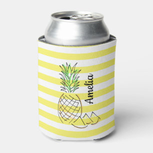 Pineapple Illustration Yellow Stripes Summer Can Cooler