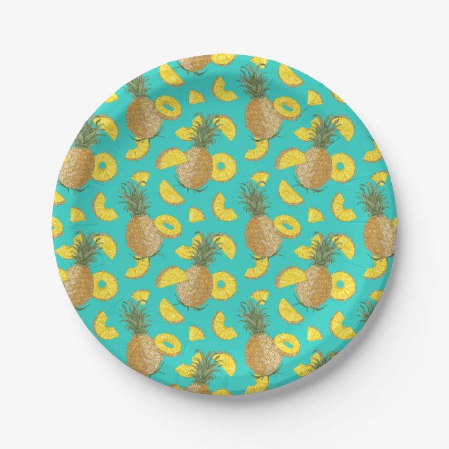 Pineapple In Turquoise Colour Paper Plate (Front)