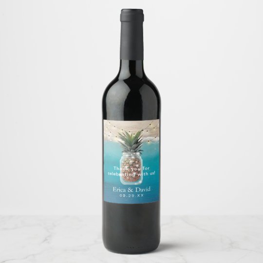 Pineapple Jar String Lights Tropical Beach Wedding Wine Label