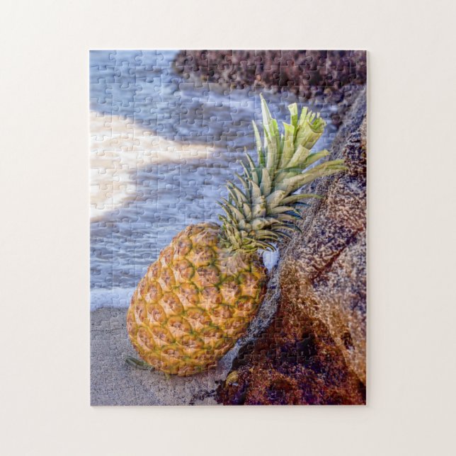 Pineapple Leaning on Rocks at the Beach Jigsaw Puzzle (Vertical)