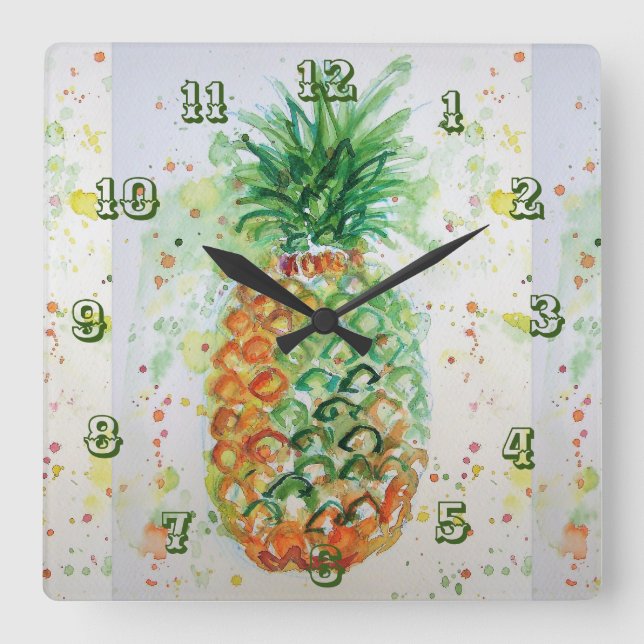 Pineapple Lime Tropical Fruit Watercolor Art Square Wall Clock (Front)