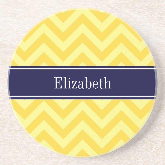 Pineapple Lt Yellow LG Chevron Navy Name Monogram Coaster (Front)