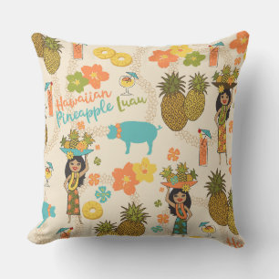 Pineapple Luau Hawaiian Hula Girl and Surfboards Outdoor Pillow