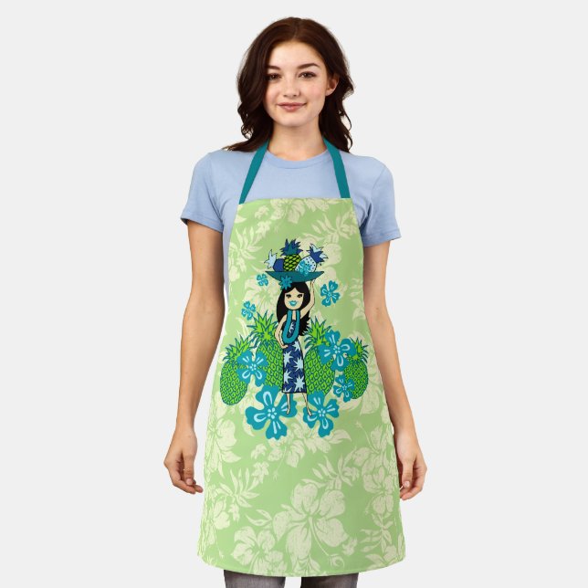 Pineapple Luau Hawaiian Hula Girl Lime Green Apron (Worn)
