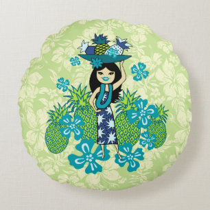 Pineapple Luau Hawaiian Hula Girl Reversible Round Pillow
