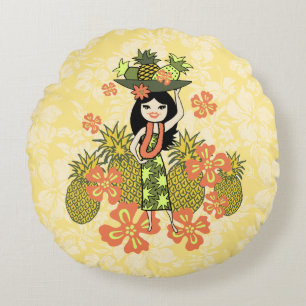 Pineapple Luau Hawaiian Hula Girl Reversible Round Pillow