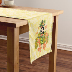 Pineapple Luau Hawaiian Hula Girl Short Table Runner
