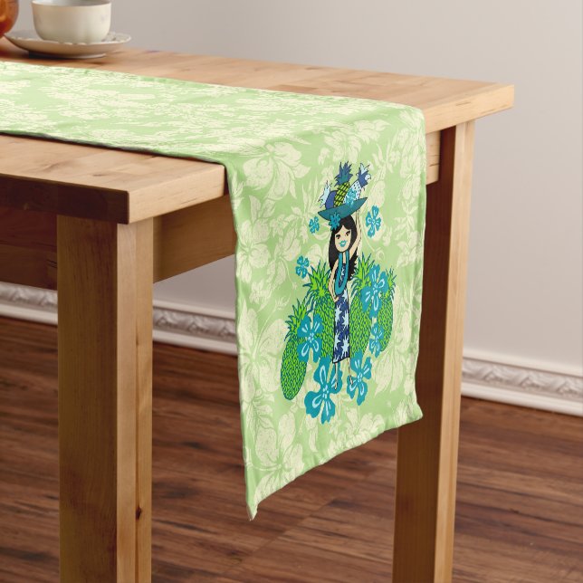 Pineapple Luau Hawaiian Hula Girl Short Table Runner (In Situ)