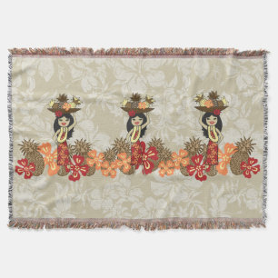 Pineapple Luau Hawaiian Hula Girl Throw Blankets