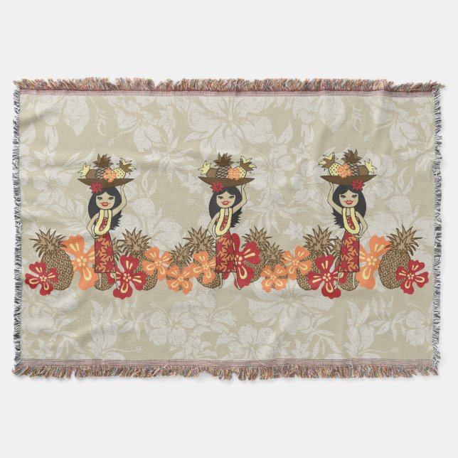 Pineapple Luau Hawaiian Hula Girl Throw Blankets (Front)