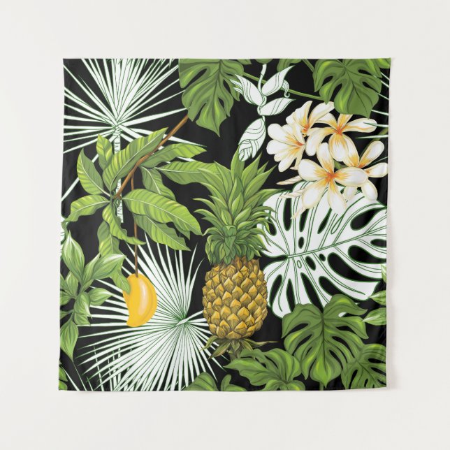 Pineapple Mango: Black Vintage Illustration. Tapestry (Front)