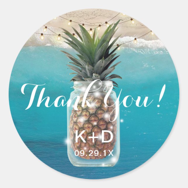Pineapple Mason Jar Beach Wedding Thank You Classic Round Sticker (Front)