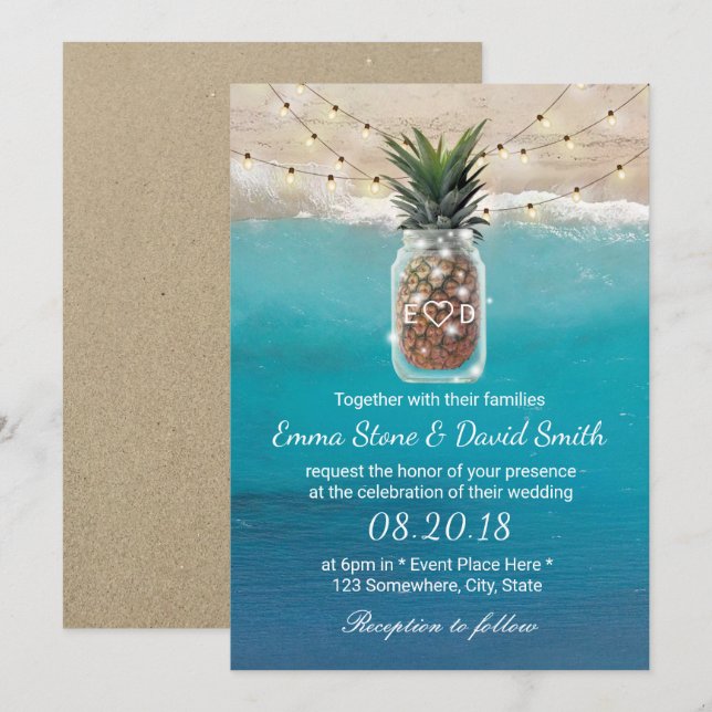 Pineapple Mason Jar String Lights Beach Wedding Invitation (Front/Back)