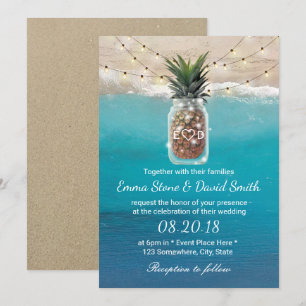 Pineapple Mason Jar String Lights Beach Wedding Invitation