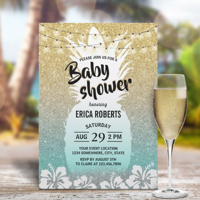 Pineapple Modern Gold Teal Tropical Baby Shower Invitation (Creator Uploaded)