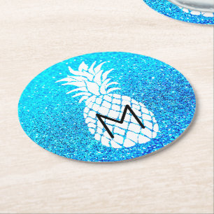pineapple monogram on faux blue glitter round pape round paper coaster