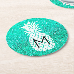 pineapple monogram on faux teal glitter round paper coaster
