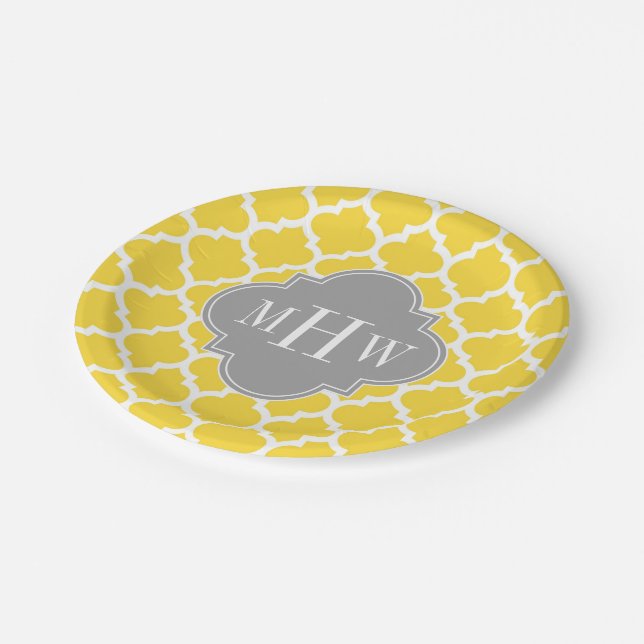 Pineapple Moroccan #5 Dk Grey 3 Initial Monogram Paper Plate (Angled)