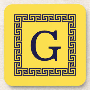 Pineapple, Navy Blue Greek Key #1 Framed Monogram Coaster