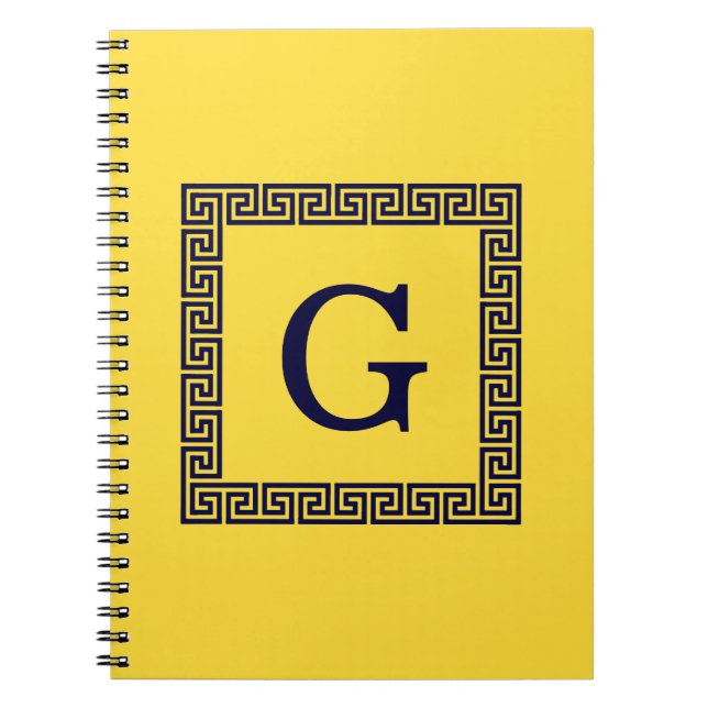Pineapple, Navy Blue Greek Key #1 Framed Monogram Notebook (Front)