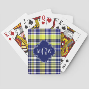 Pineapple Navy Blue White Preppy Madras Monogram Playing Cards