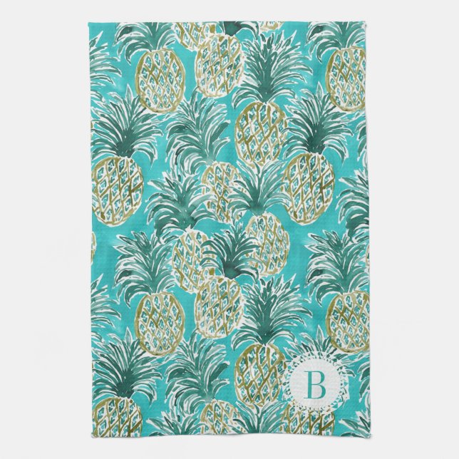PINEAPPLE O'CLOCK Tropical Watercolor Custom Kitchen Towel (Vertical)
