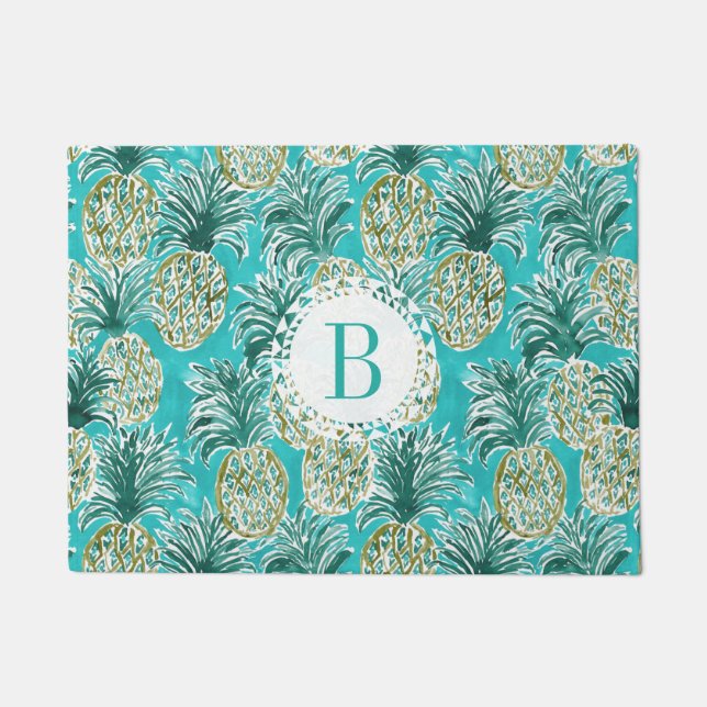 PINEAPPLE O'CLOCK Tropical Watercolor Monogram Doormat (Front)