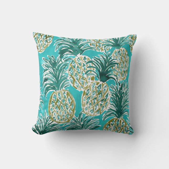 PINEAPPLE O'CLOCK Tropical Whimsical Watercolor Throw Pillow (Front)