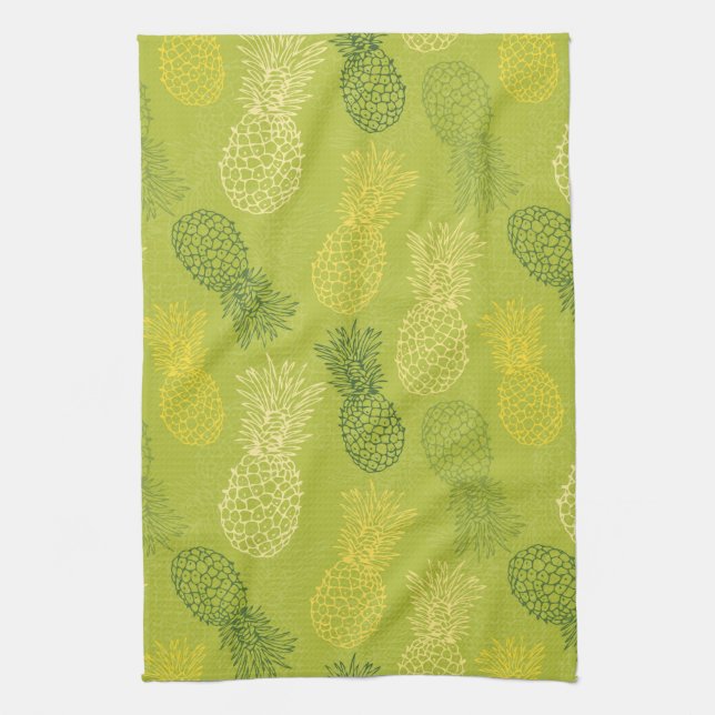 Pineapple Outline Pattern on Green Kitchen Towel (Vertical)