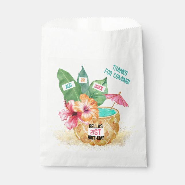 Pineapple Palm Hibiscus Tropical Cocktail Birthday Favour Bag (Front)