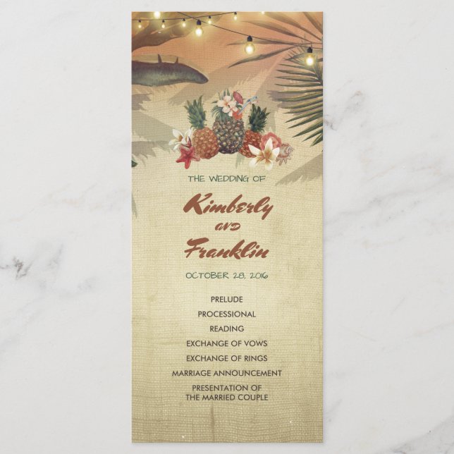Pineapple Palm String Lights Beach Wedding Program (Front)
