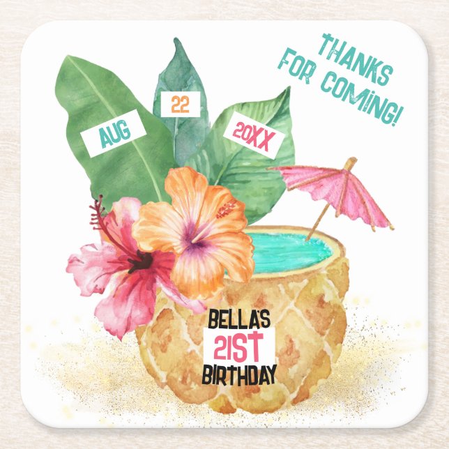 Pineapple Palm Tropical Beach Birthday Square Paper Coaster (Front)