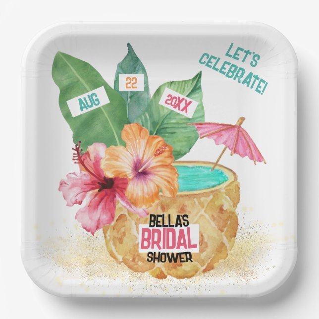 Pineapple Palm Tropical Beach Bridal Shower Paper Plate (Front)