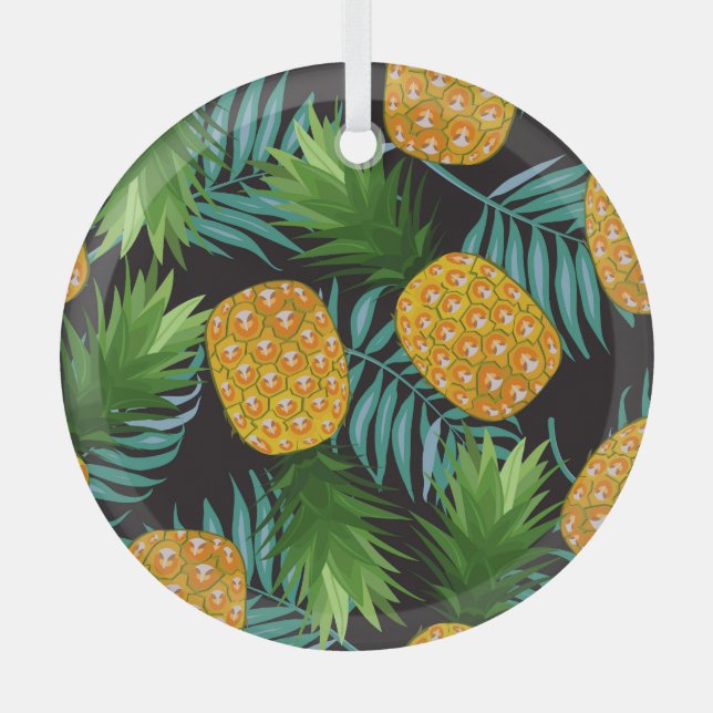 Pineapple Palms Black Tapestry Glass Ornament (Front)