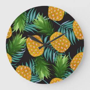 Pineapple Palms Black Tapestry Large Clock