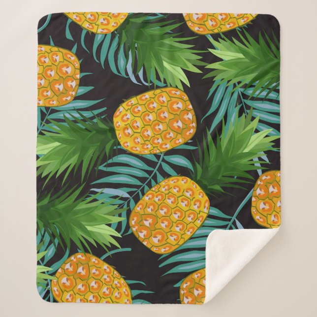 Pineapple Palms Black Tapestry Sherpa Blanket (Front)