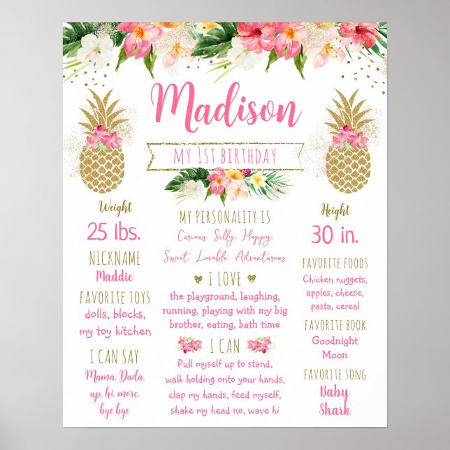 Pineapple Pink Gold First Birthday Milestone Poster (Front)