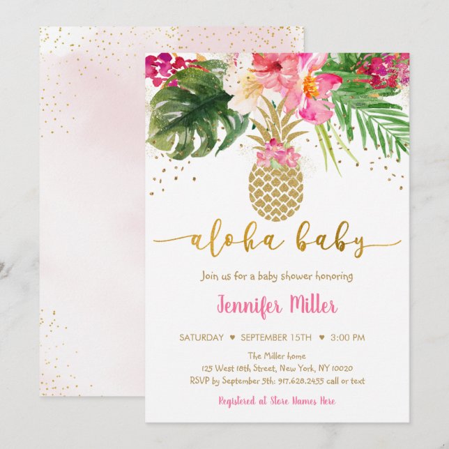 Pineapple Pink Gold Floral Aloha Baby Shower Invitation (Front/Back)