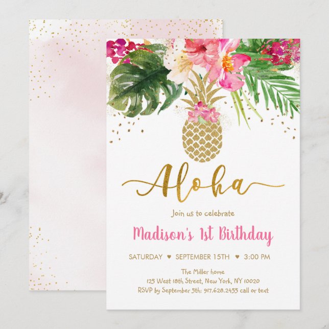 Pineapple Pink Gold Floral Aloha Birthday Invitation (Front/Back)