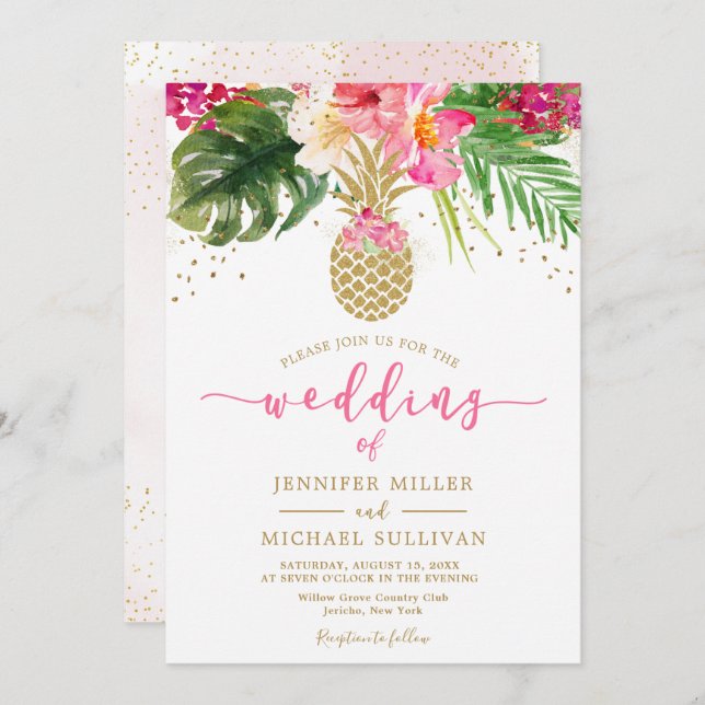 Pineapple Pink Gold Floral Tropical Wedding Invitation (Front/Back)
