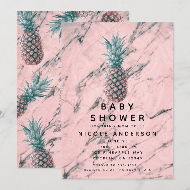 Pineapple & Pink Marble Swirl Modern Baby Shower Invitation (Front/Back)